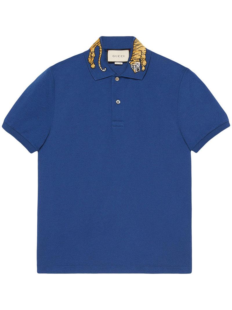 Gucci Cotton Polo With Tiger Embroidery in Blue for - Lyst