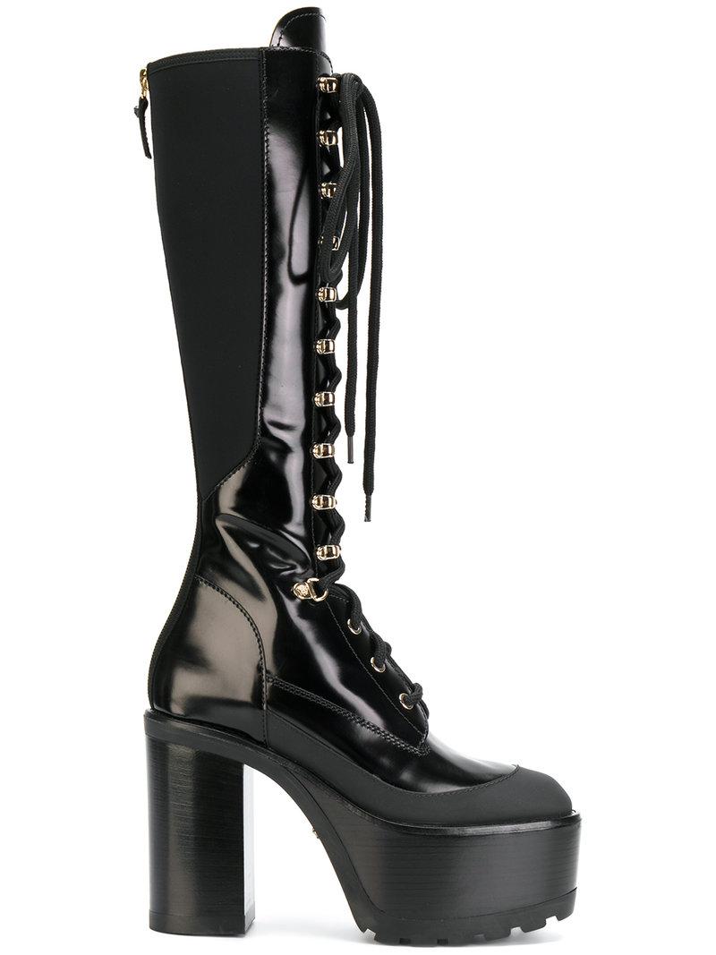 Versace Platform Lace-up Boots in Black | Lyst