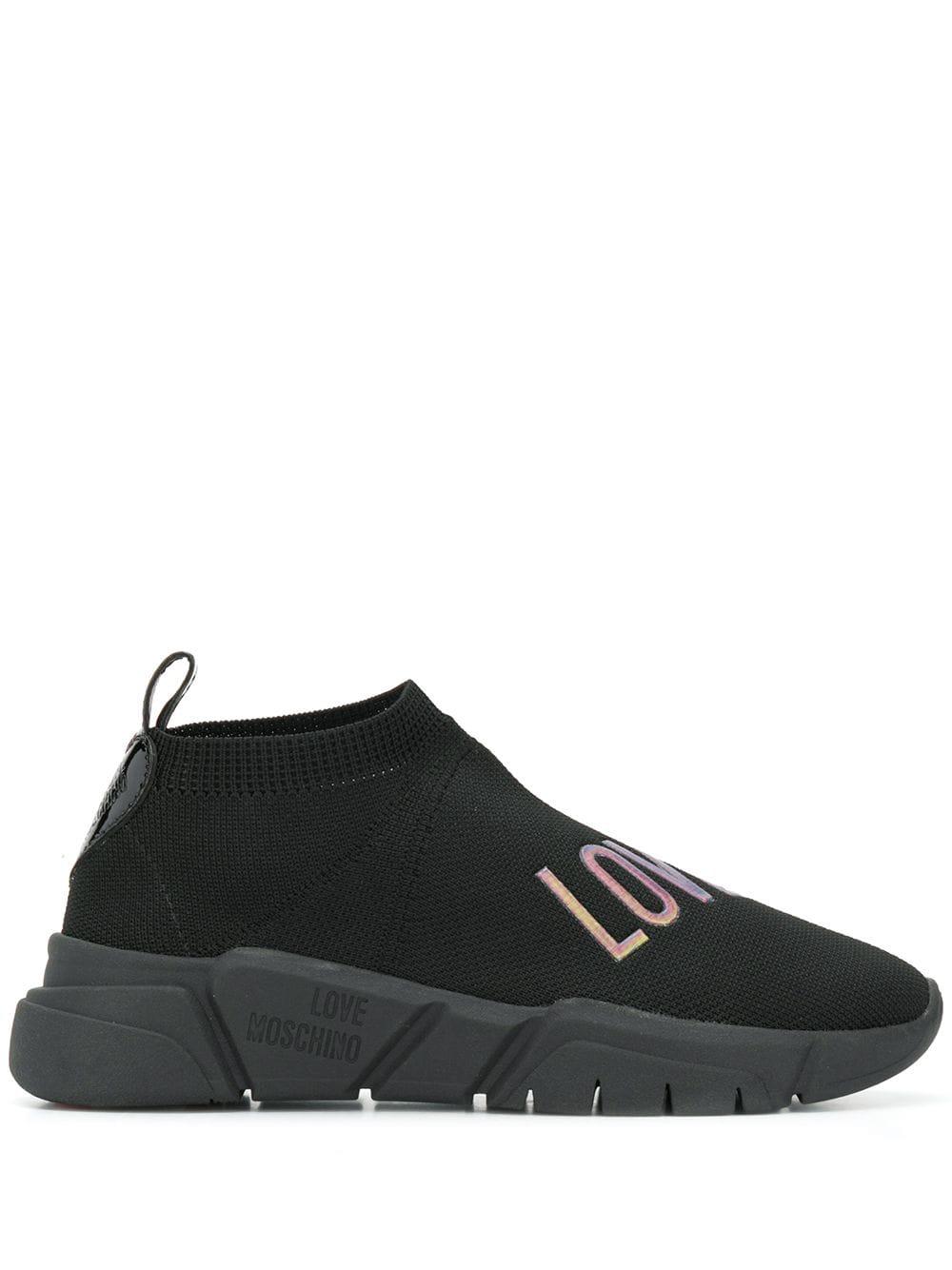 Love Moschino Synthetic Embroidered Logo Sock Sneakers in Black - Lyst