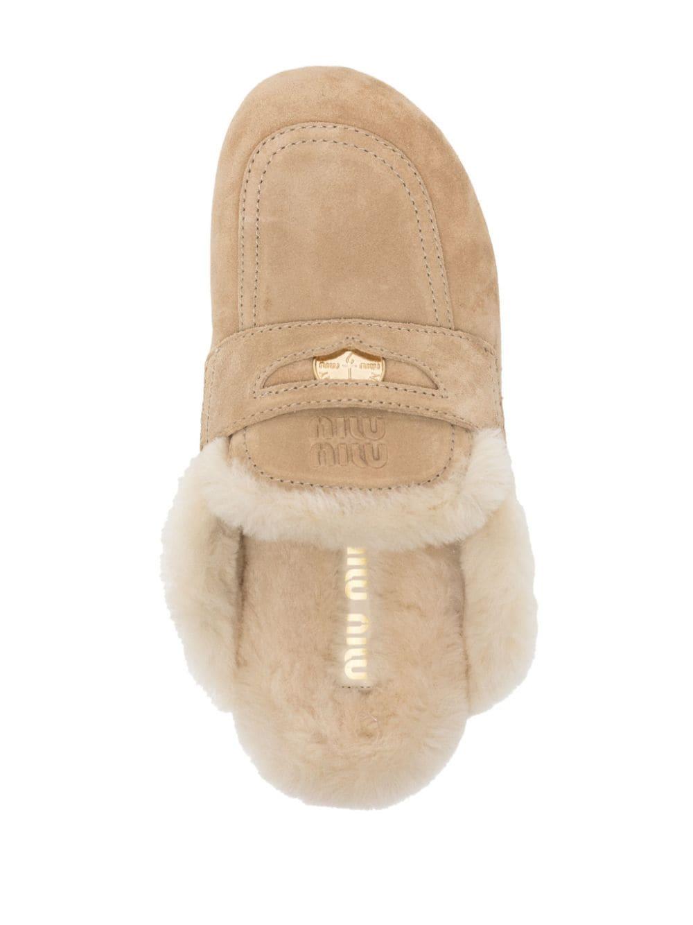 Miu Miu Shearling Suede Mules in Natural | Lyst