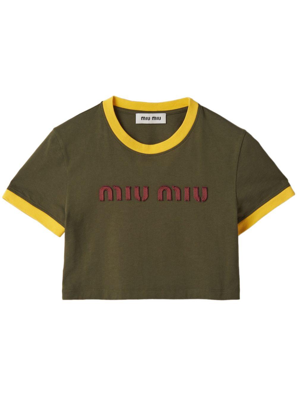 【MIU MIU】Embroidered Cropped Cotton T-Shirt/全国送料無料 Miu Miu Embroidered Cotton Jersey T-Shirt in Green | Lyst