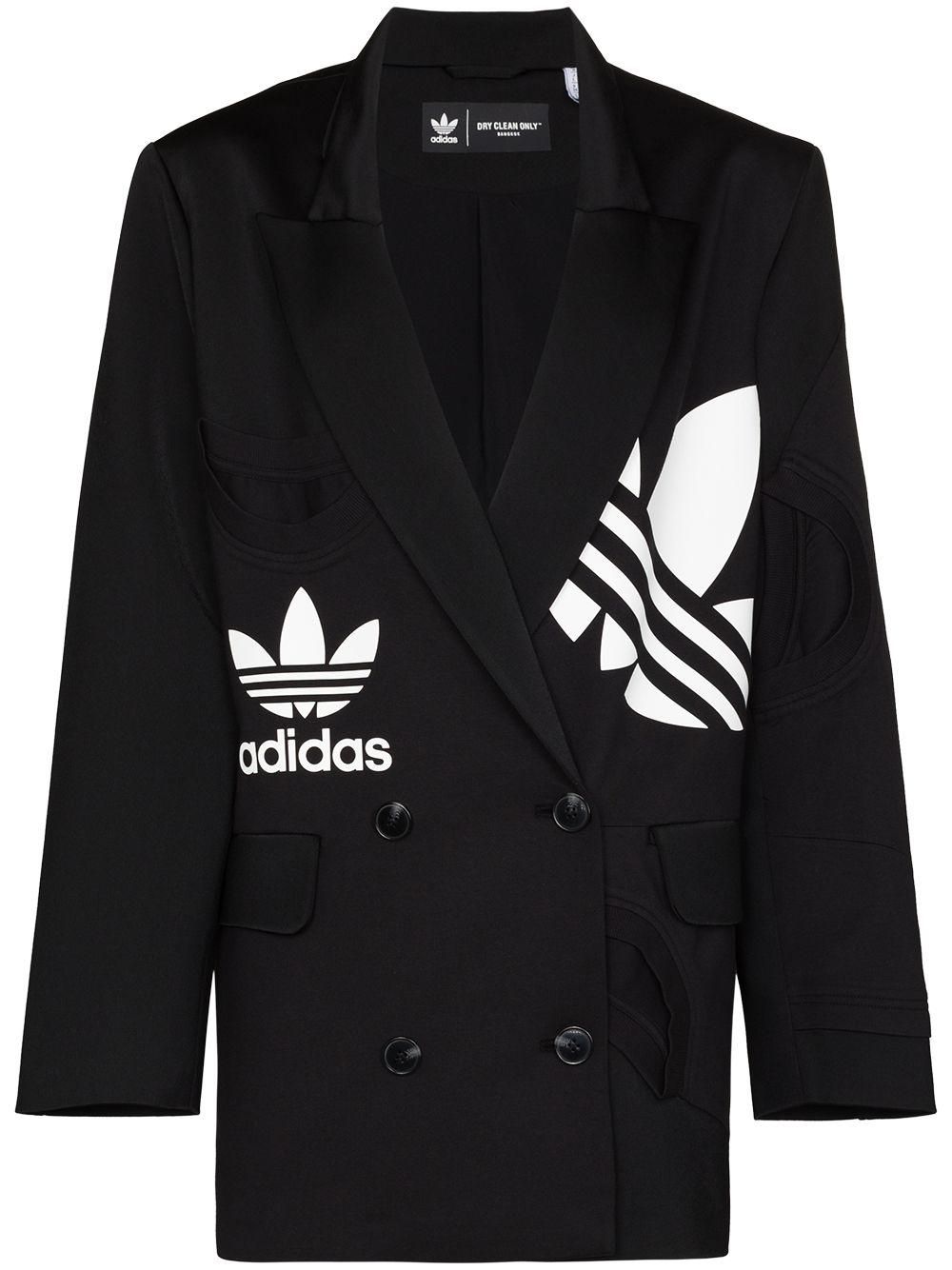 adidas Logo-print Double-breasted Blazer Jacket in Black | Lyst