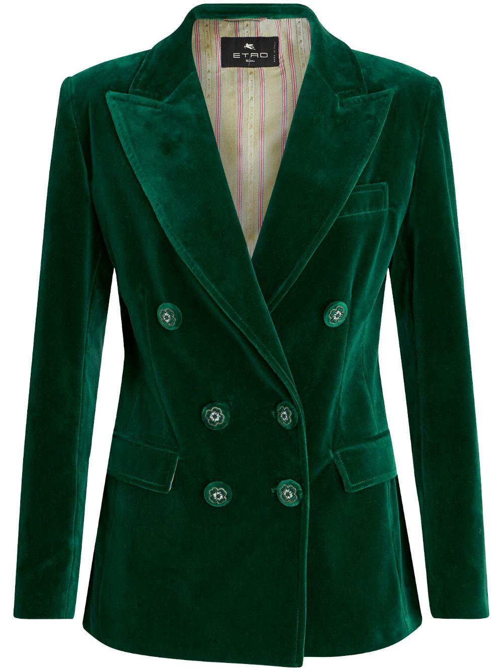 Etro Long-sleeved Velvet Double-breasted Blazer in Green | Lyst