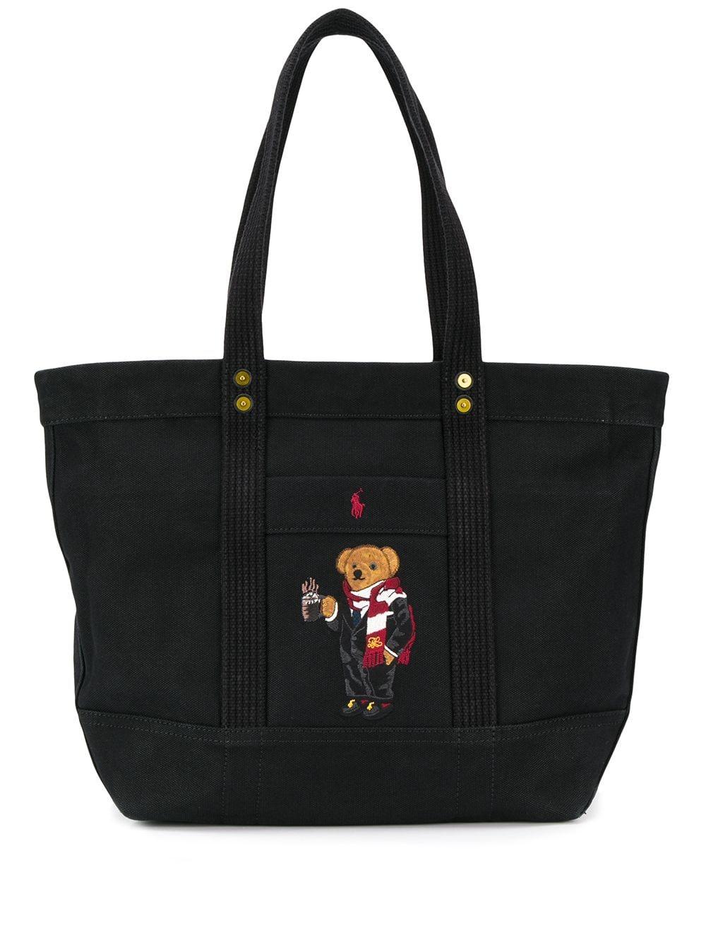 Polo Ralph Lauren Leather Embroidered Bear Tote Bag in Black | Lyst