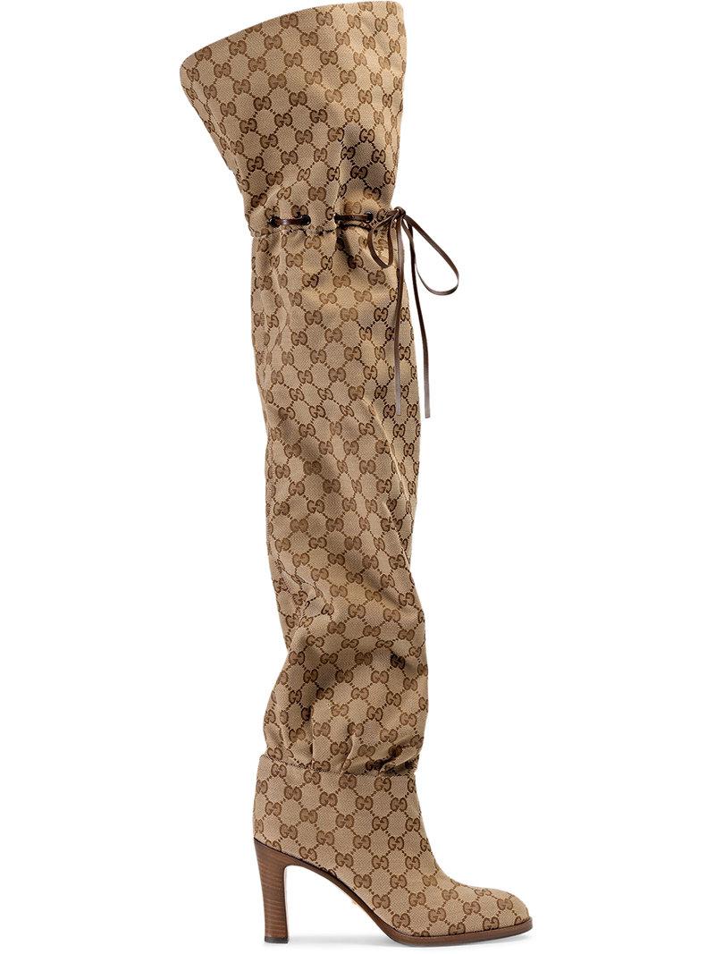 Gucci Leather-trimmed Logo-jacquard Over-the-knee Boots in Natural