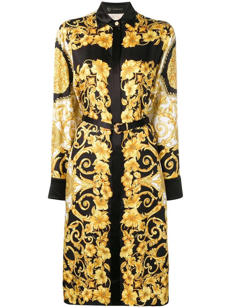 Versace Silk Baroque Pattern Shirt Dress in Black | Lyst UK