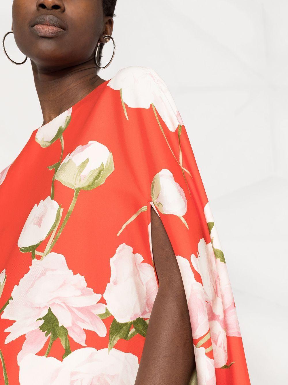 Valentino Floral-print Cape Dress in Red | Lyst