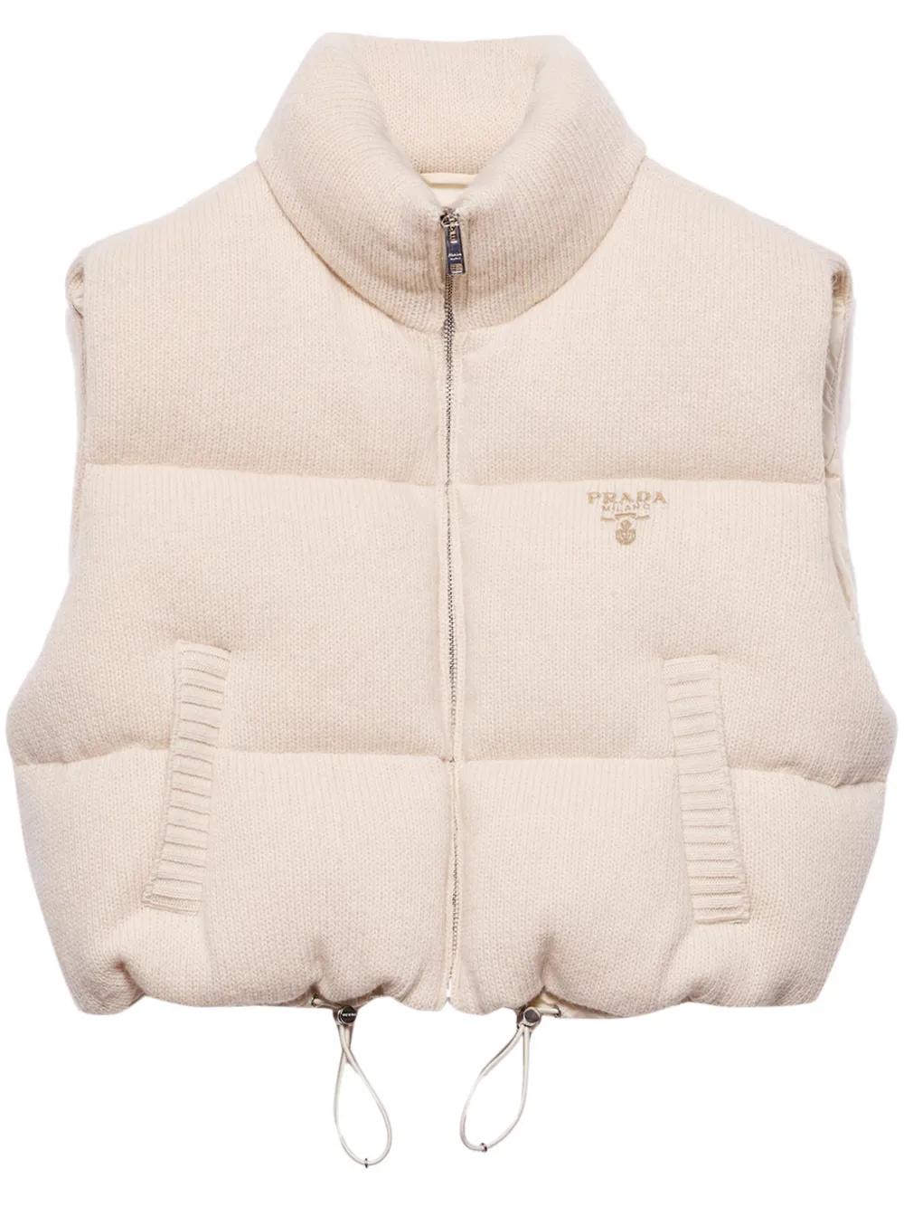 Prada Embroidered Logo Wool-Cashmere Down Vest in Natural | Lyst