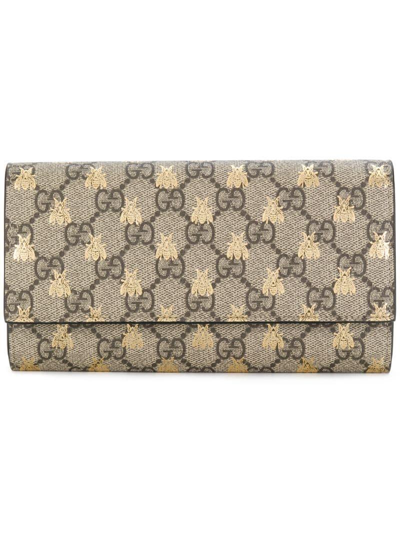Gucci Leather GG Supreme Bees Wallet in Brown | Lyst