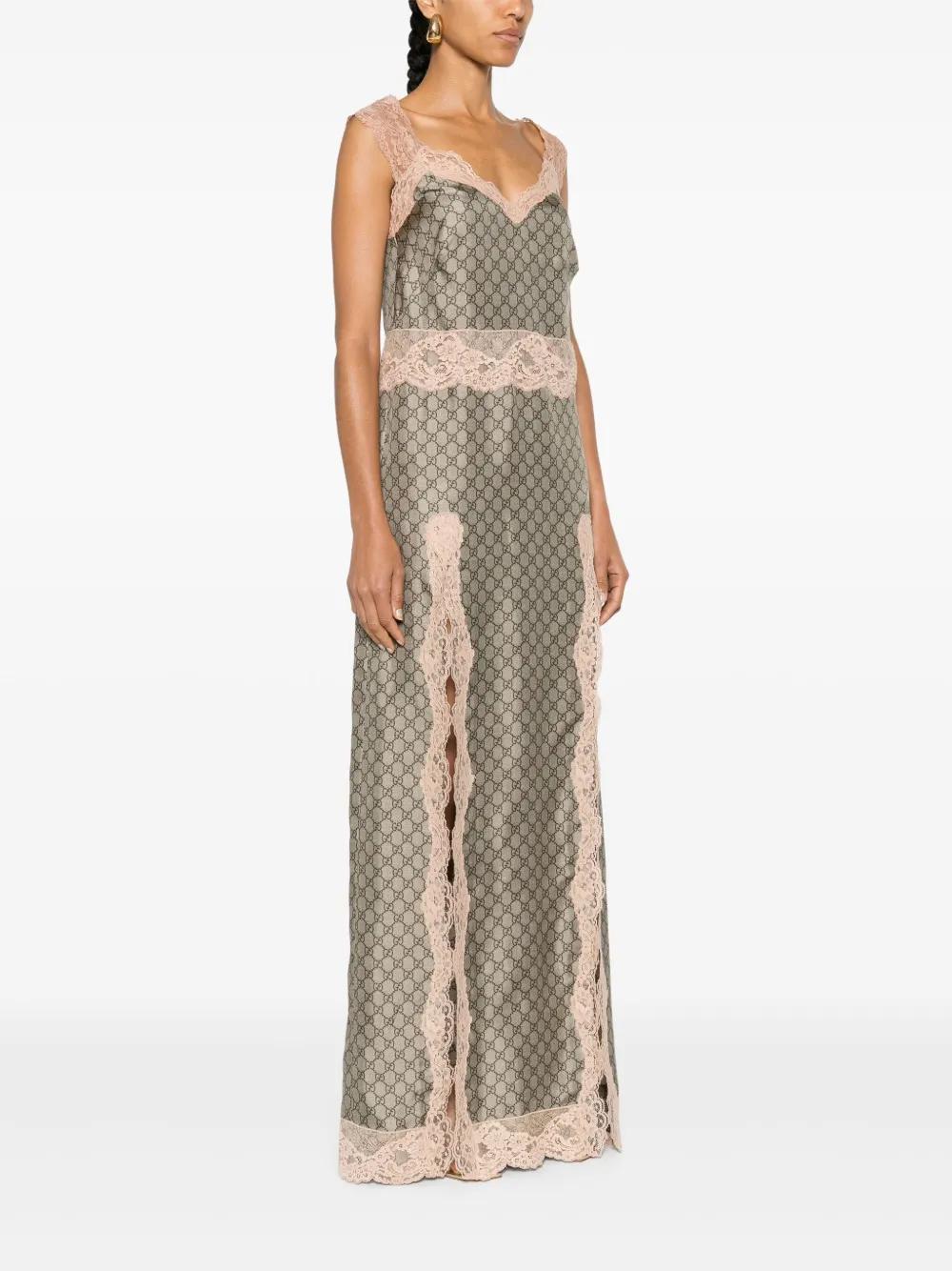 Gucci Lace-trimmed Printed Silk-twill Maxi Dress in Natural