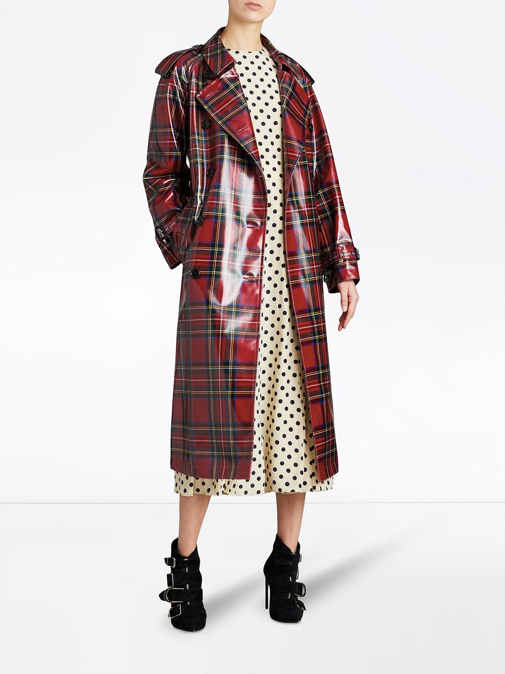 Burberry Synthetic Laminated Tartan Trench Coat in Red | Lyst