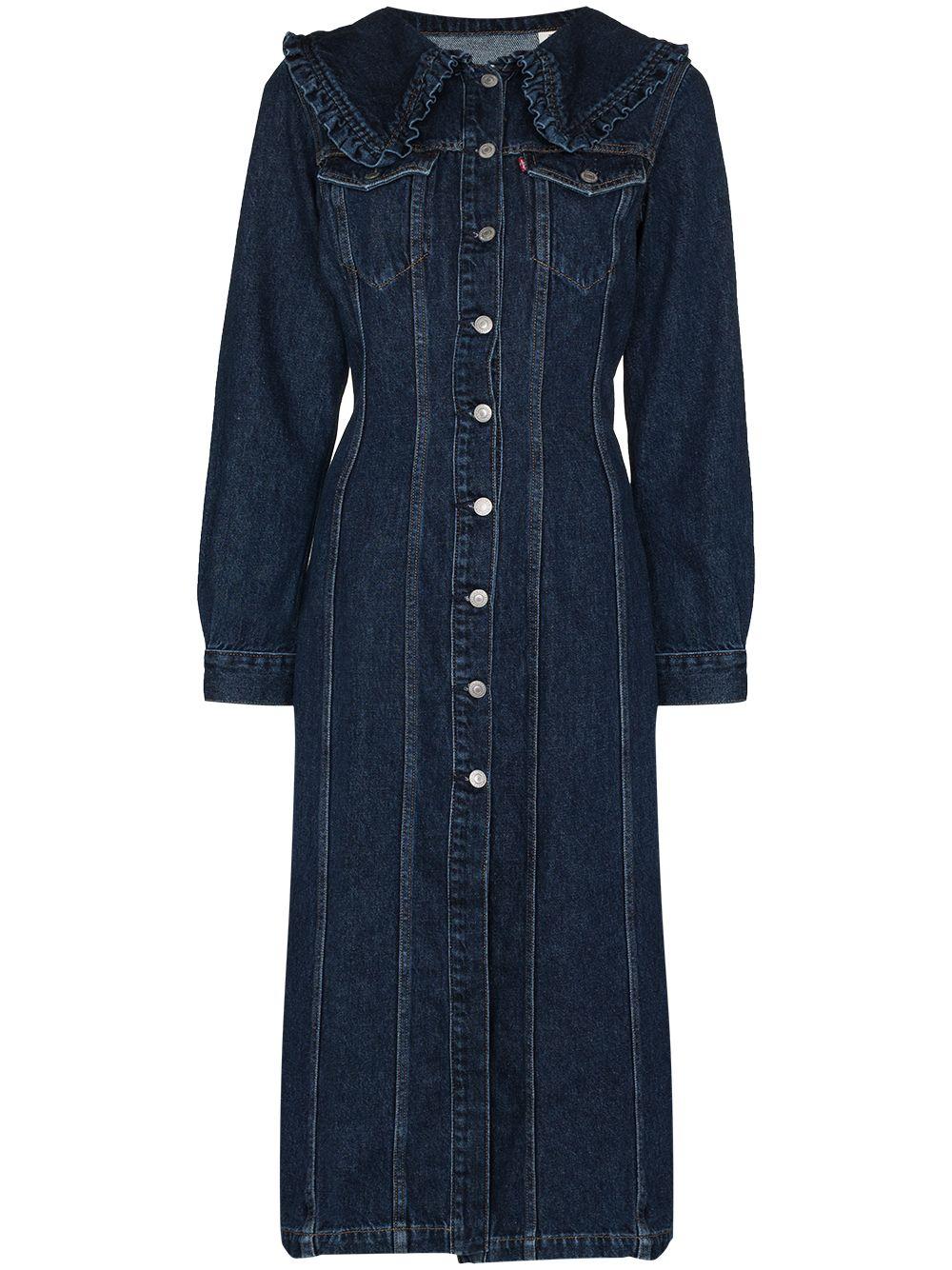 Ruffled Collar Denim Dress in Blue 
