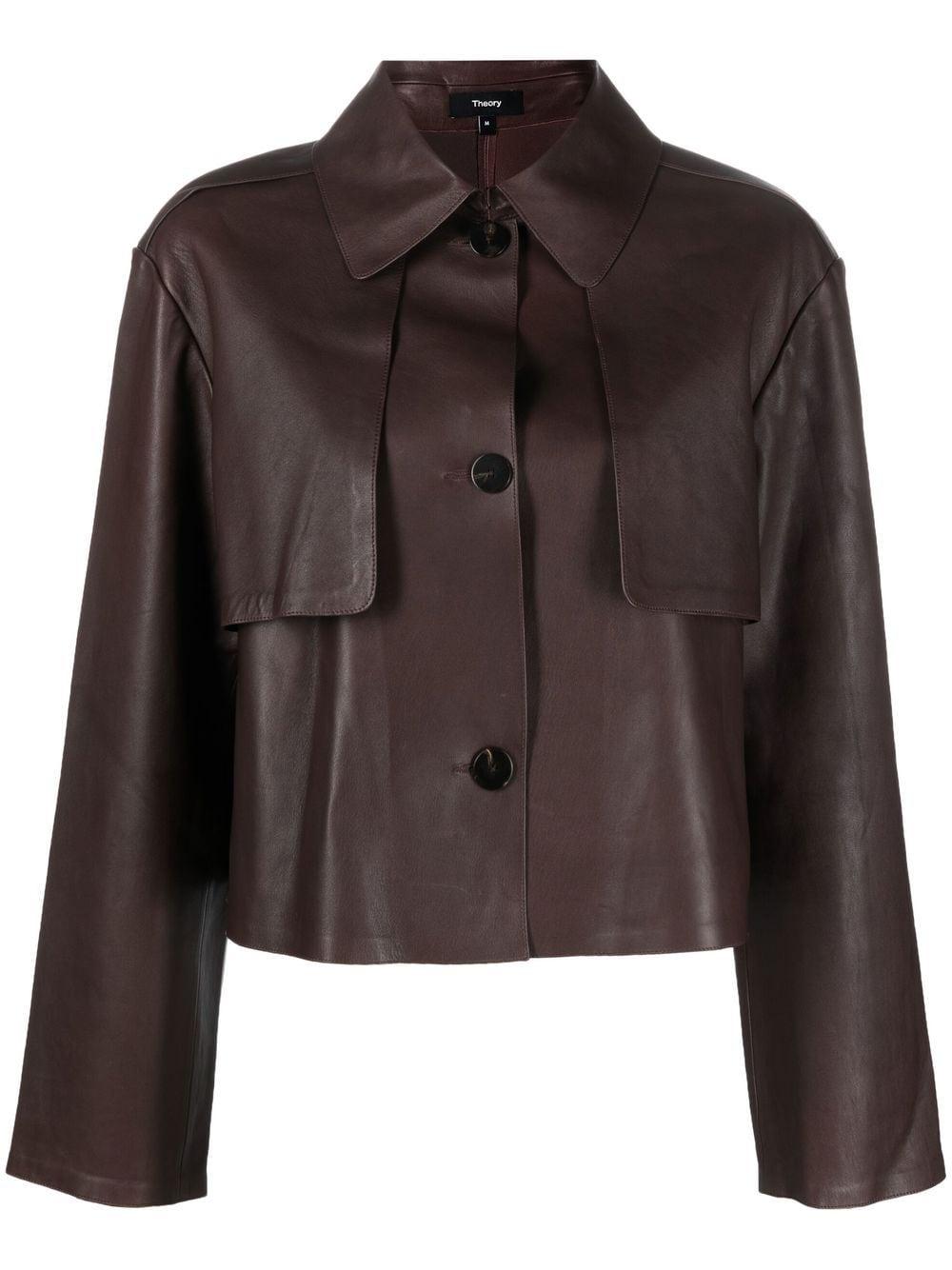 Theory Cropped Leather Trench Coat in Brown | Lyst