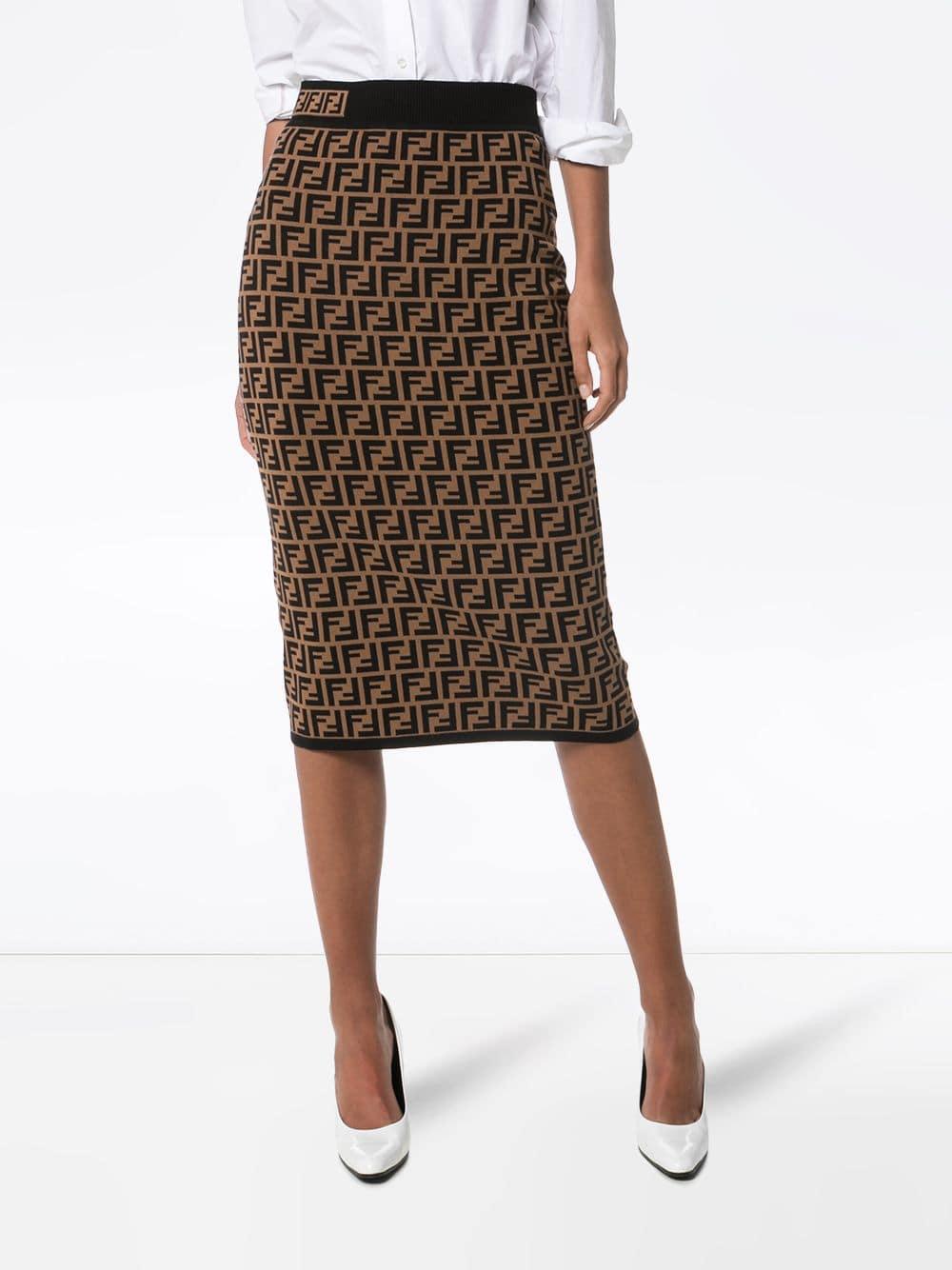 Fendi Ff Logo Intarsia Knitted Pencil Skirt in Brown | Lyst
