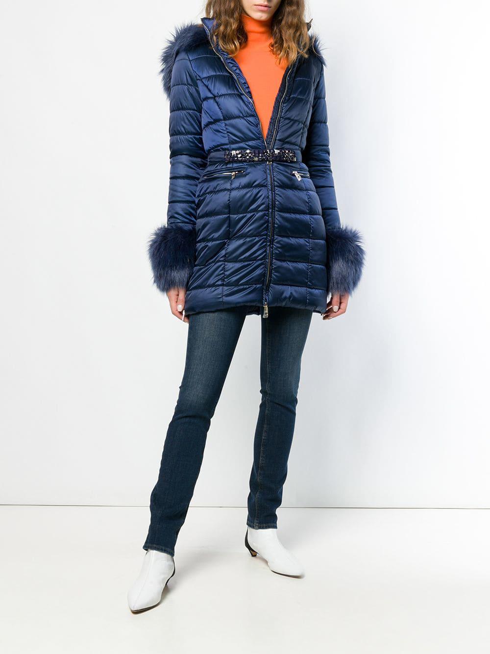 Liu Jo Synthetic Faux Fur Trimmed Padded Jacket in Blue | Lyst