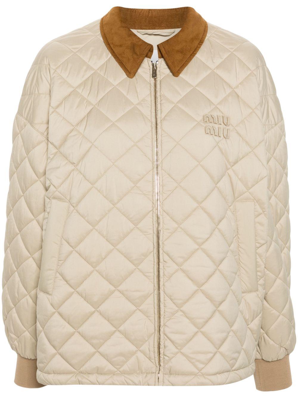 Miu Miu Logo-Patch Quilted Jacket in Natural | Lyst