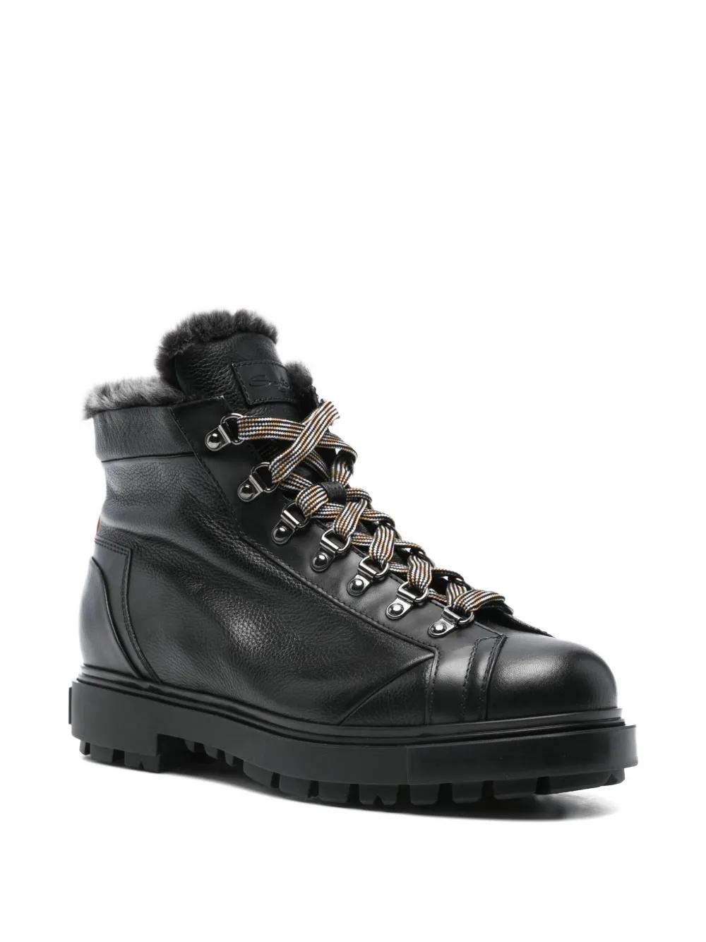 Santoni Black Fur-Trimmed Boots Santoni shearling-trim Leather Boots | Black | FARFETCH main image 2