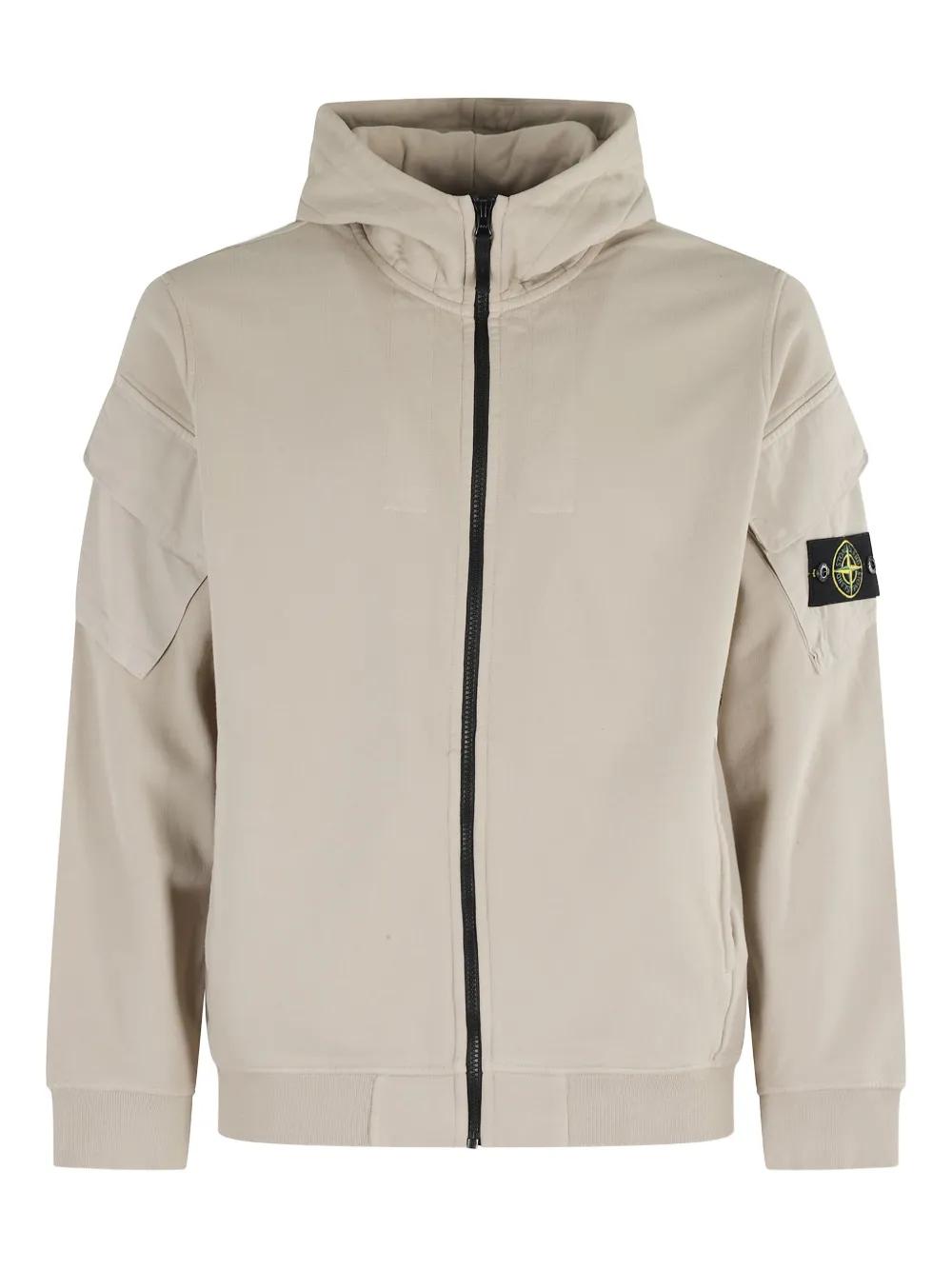 Stone Island 6100009 Logo-Patch Hooded Zip-Up Jacket in Natural