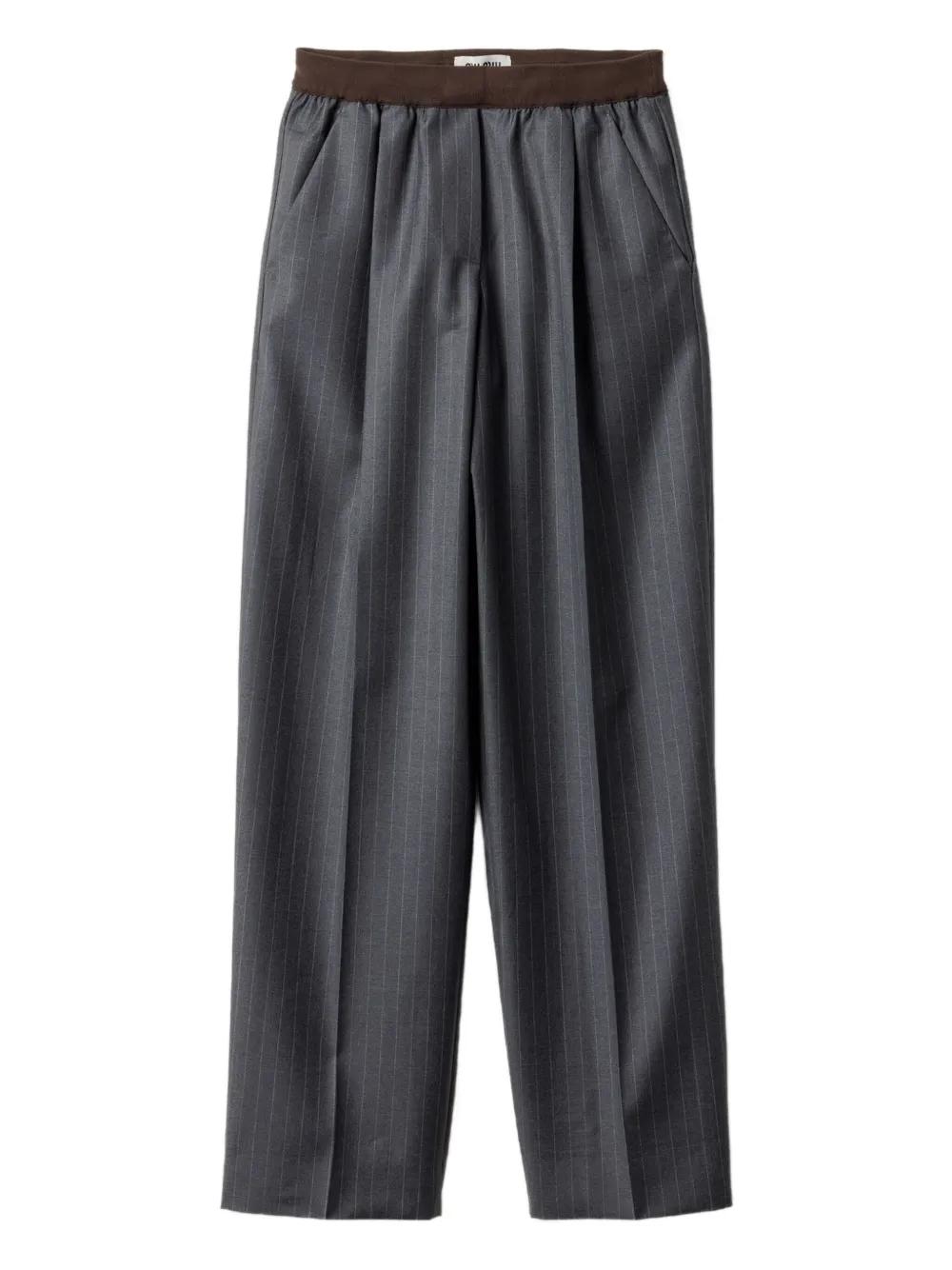 パンツ MIU MIU PINSTRIPED WOOL TROUSERS WITH ELASTIC WAISTBAND Miu Miu Pinstripe Herringbone Wool Trousers | Black | FARFETCH