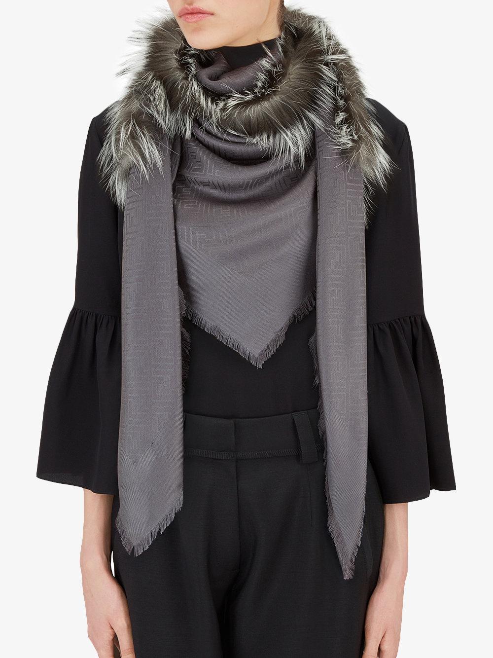 Fendi Fur Trim Scarf in Grey (Gray) - Lyst