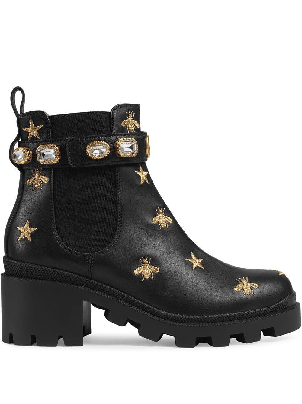Gucci Embroidered Leather Ankle Boot With Belt in Black - Lyst