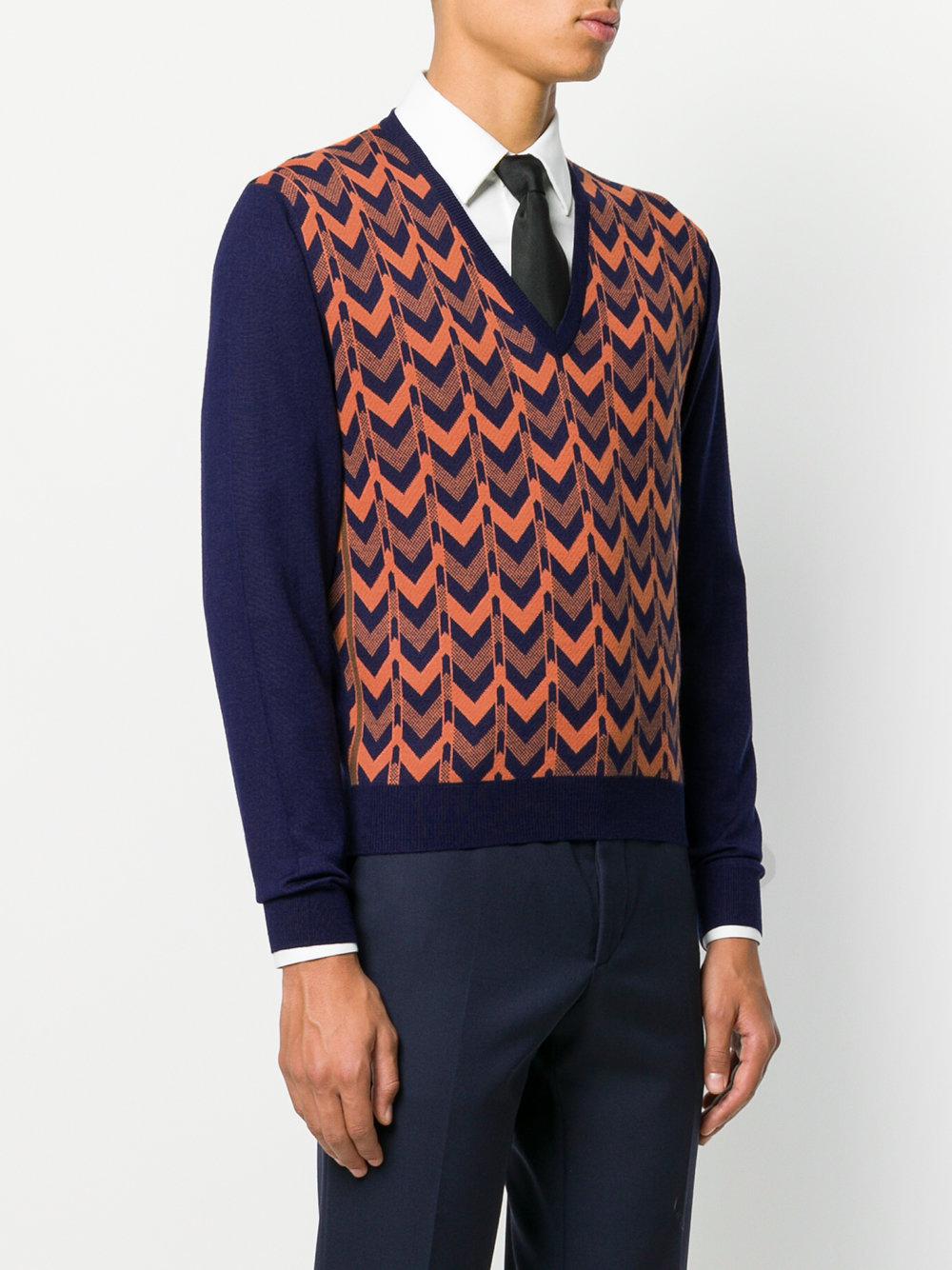 Prada Wool Patterned V-neck Sweater in Blue for Men - Lyst