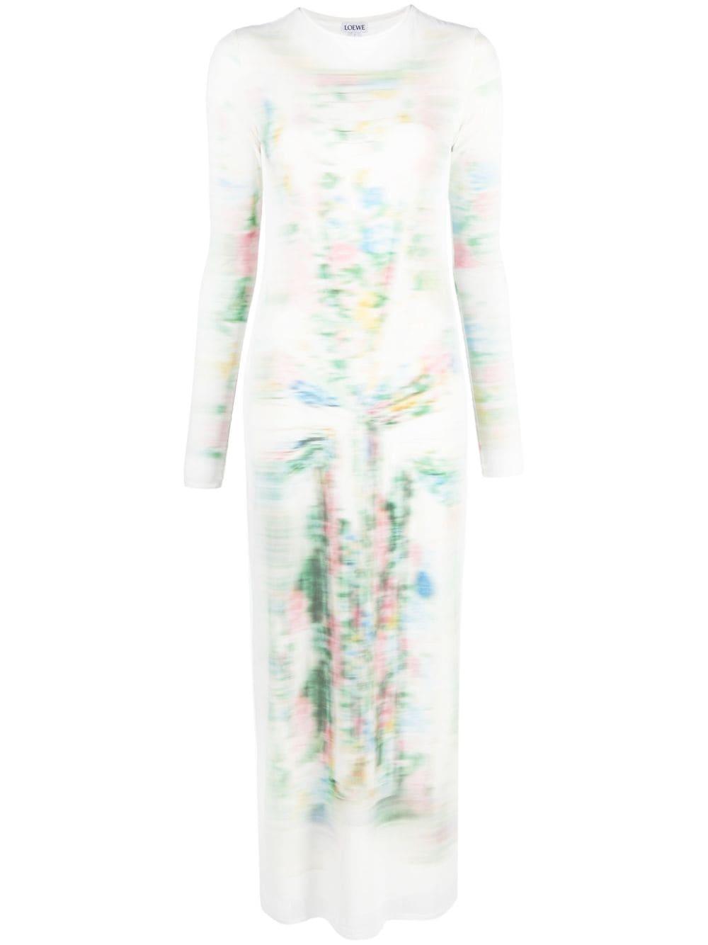 Loewe Long Tube Dress In Blurred Print Mesh in White | Lyst