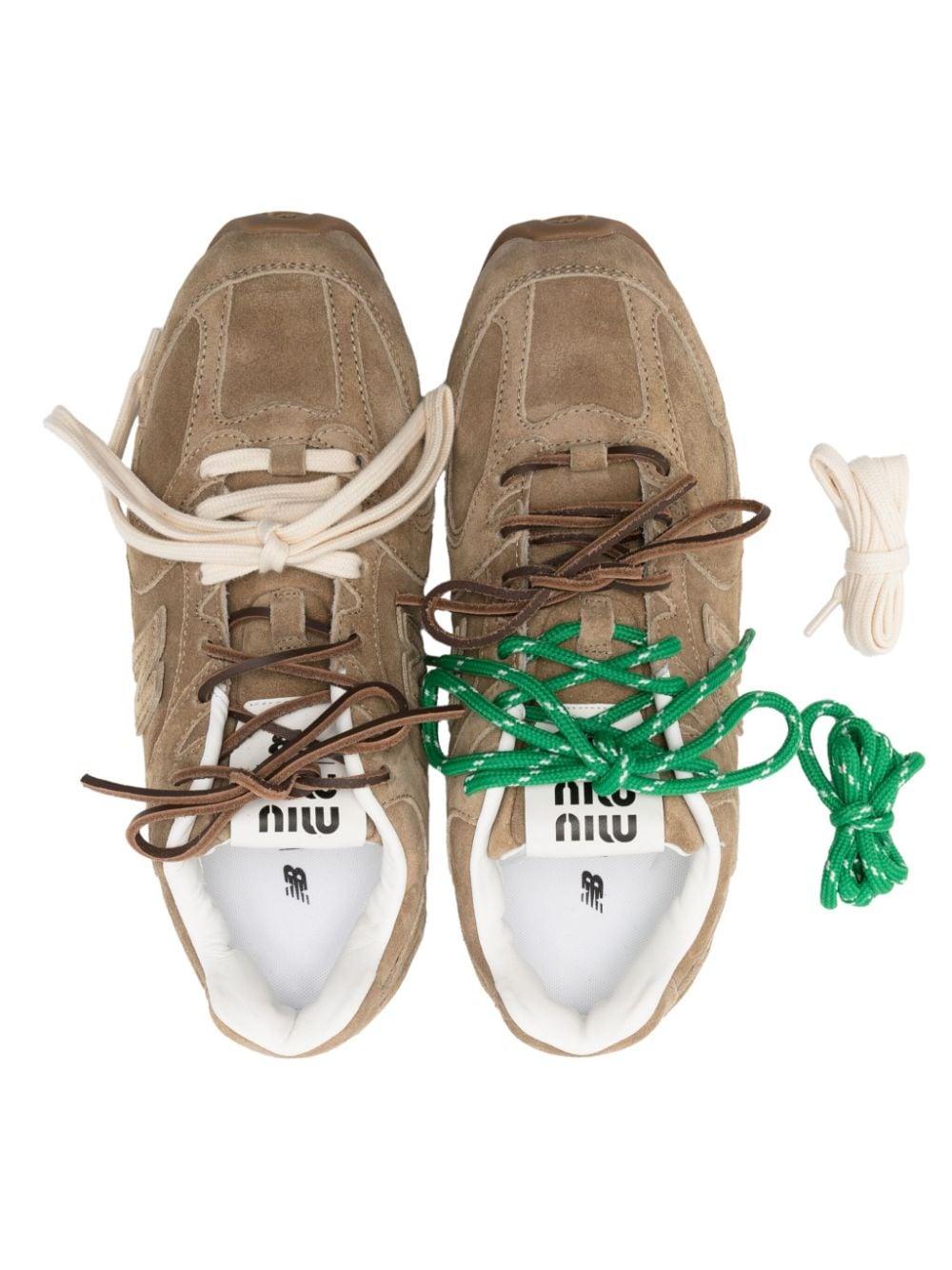 ■MiuMiu■ Logo Patch High Top Sneakers Green 5T727DF0051ABK Loden Green Tyre Technical Fabric And Suede Sneakers | Miu Miu