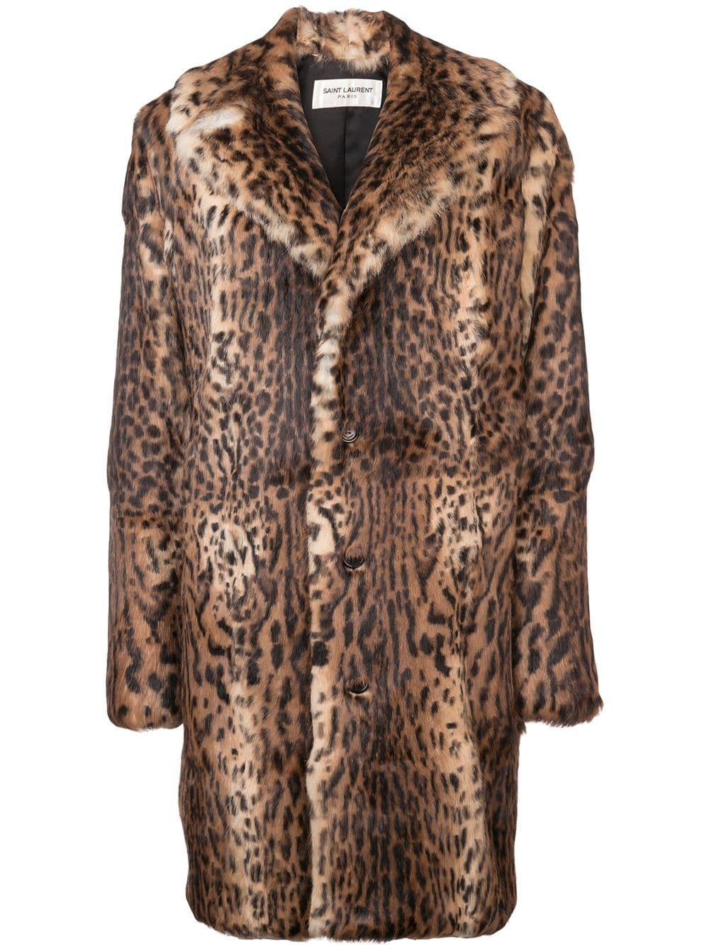 Saint Laurent Leopard Print Fur Coat in Brown | Lyst
