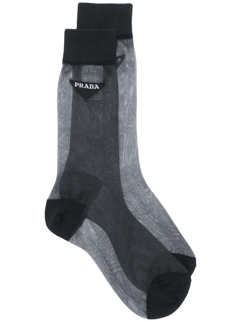 Prada Cotton Sheer Logo Socks in Black | Lyst