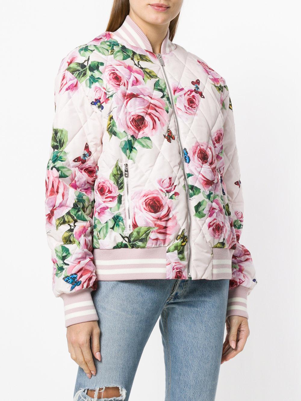 Dolce & Gabbana Rose Print Bomber Jacket in Pink | Lyst