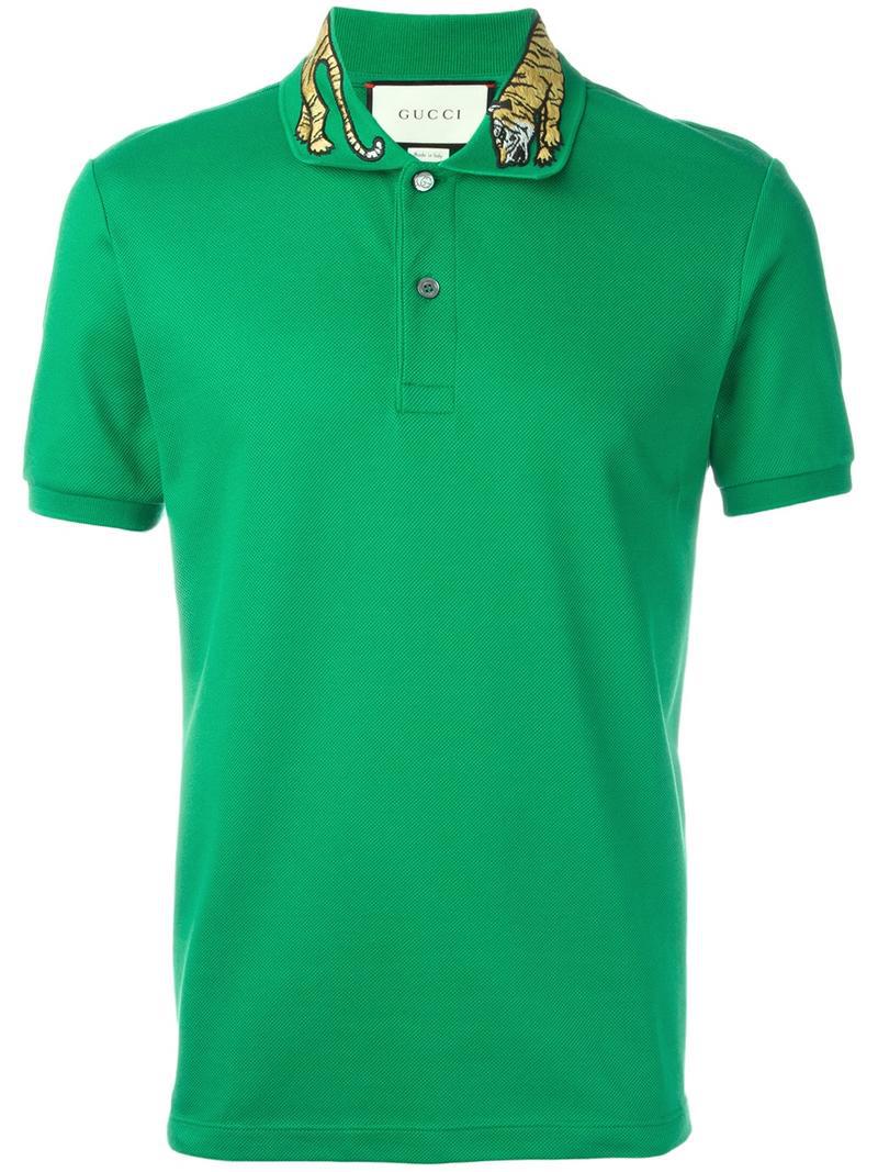 Gucci Cotton Tiger Embroidered Polo Shirt in Green for Men - Lyst