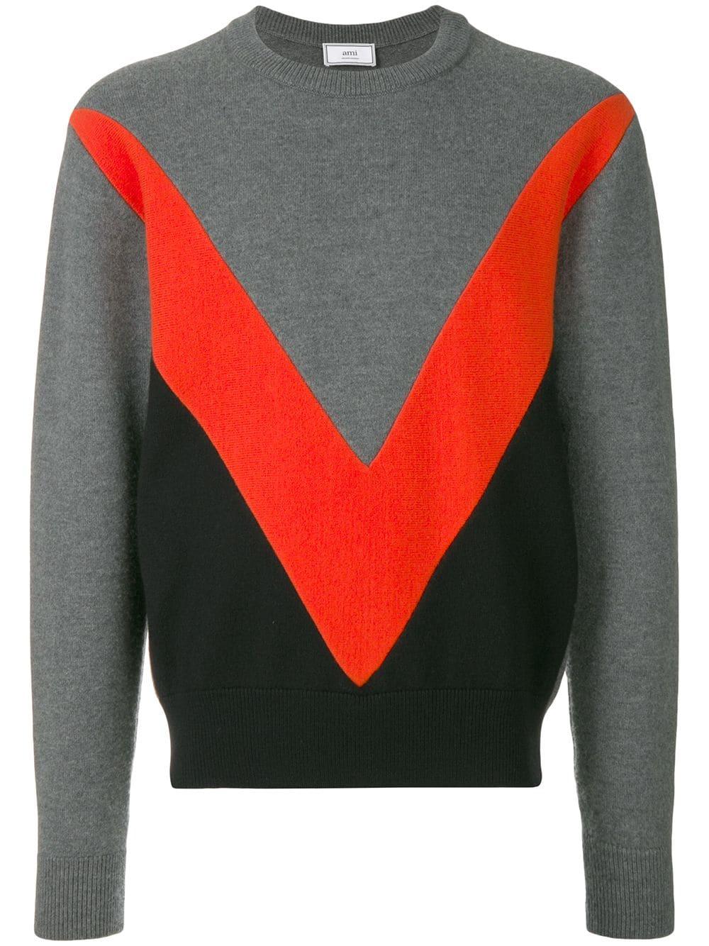 AMI Tricolor Crew Neck Sweater With Contrasted Bands in Gray for Men