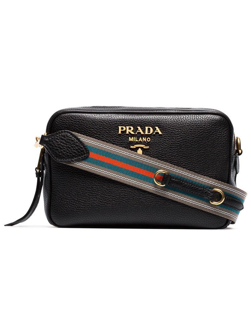 Prada Black Logo Double Strap Leather Camera Bag | Lyst
