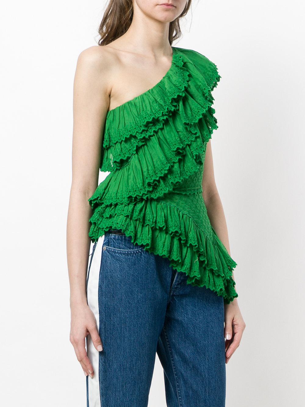 Isabel Marant Cotton Asymmetric Ruffle Top in Green - Lyst