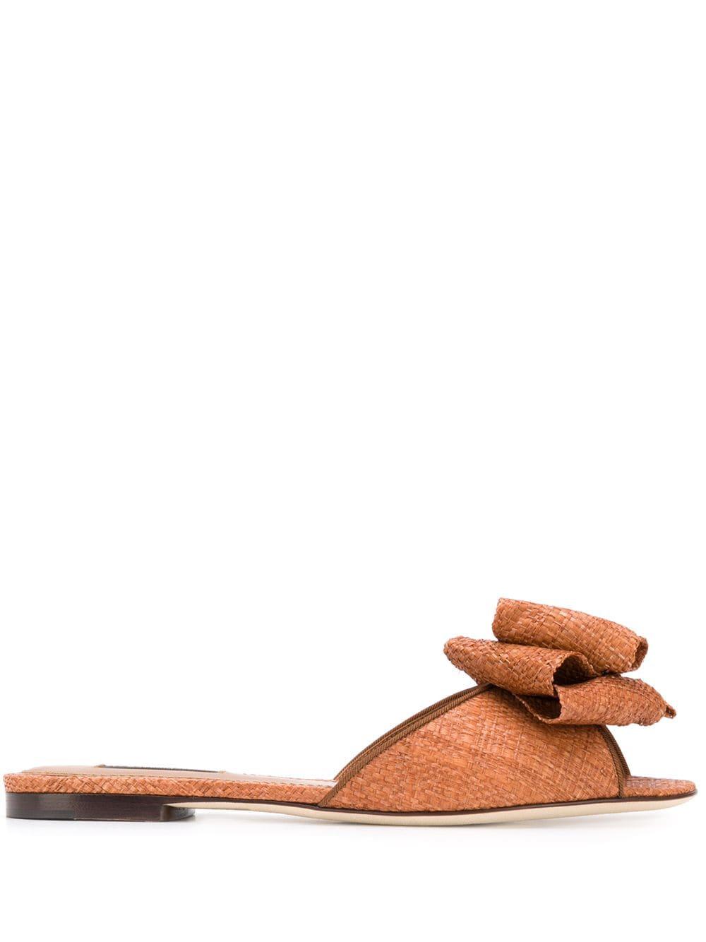 Dolce & Gabbana Leather Bow Detail Flat Sandals in Brown - Lyst