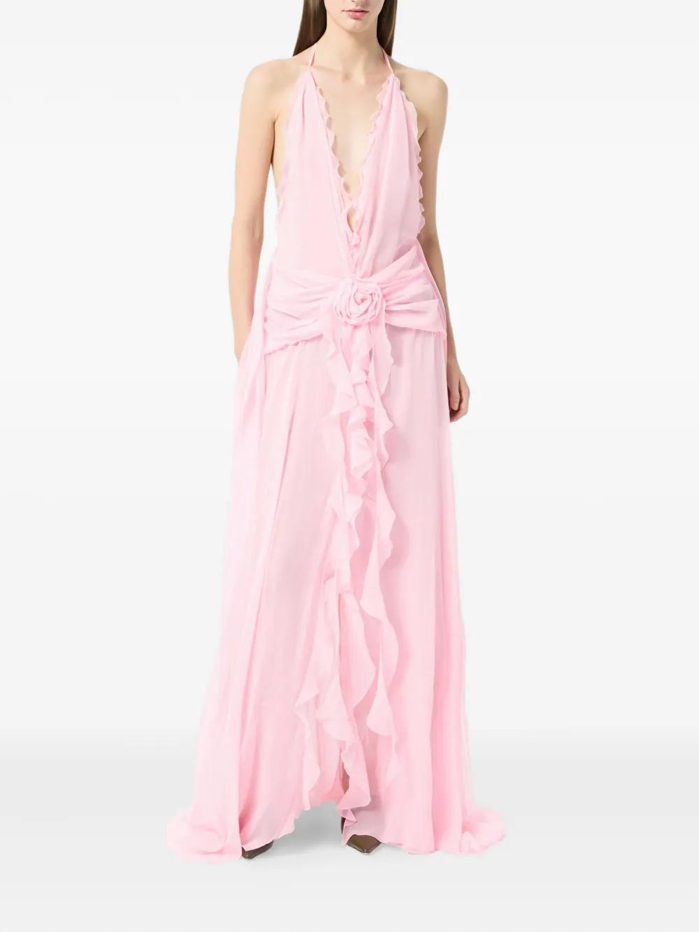 blumarine ruffled rose-detail maxi dress Blumarine Rose-Embellished Ruffled Maxi Dress in Pink