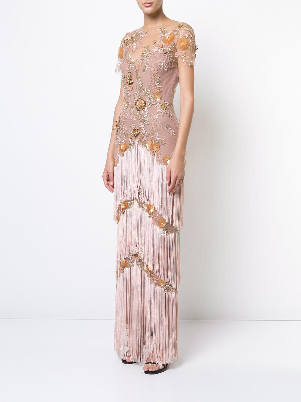 Marchesa notte Fringed Embroidered Maxi ...