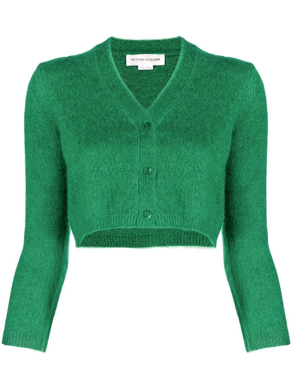 Victoria Beckham Wool Cropped V-neck Cardigan in Green | Lyst