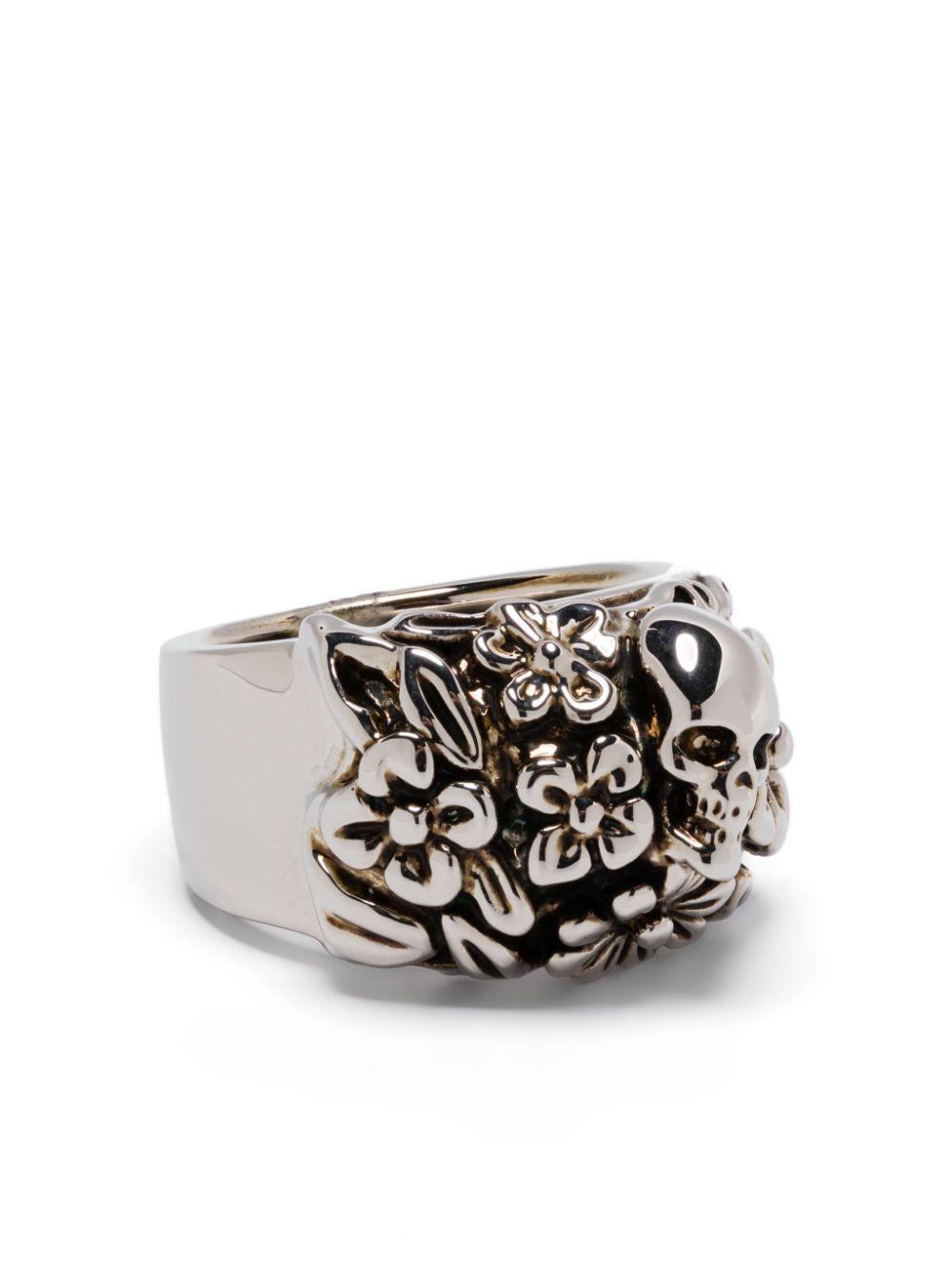 Alexander McQueen メンズ ホワイト フローラル スカル リング リング