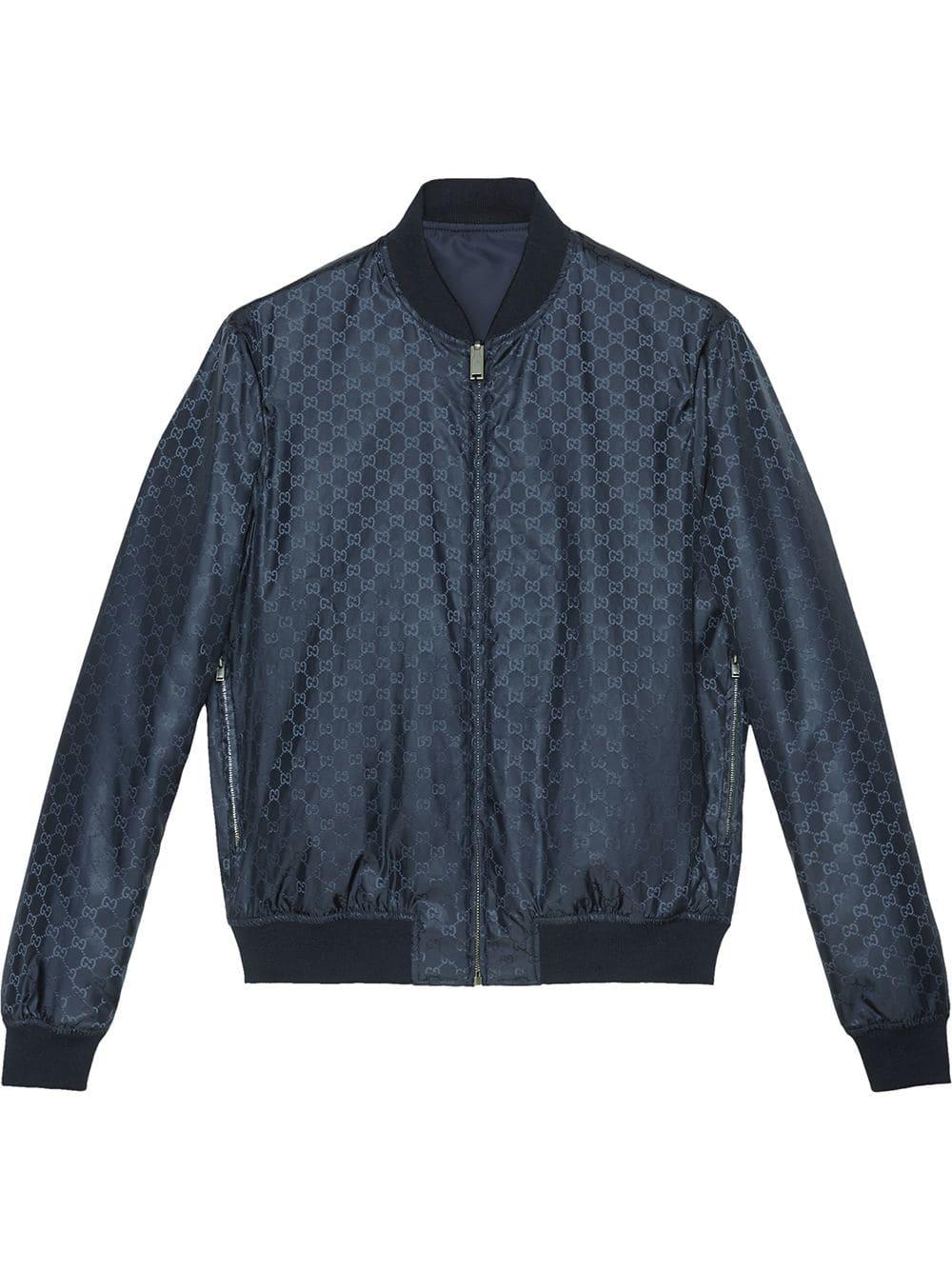 Gucci Reversible Gg Jacquard Nylon Bomber Jacket in Blue for Men | Lyst