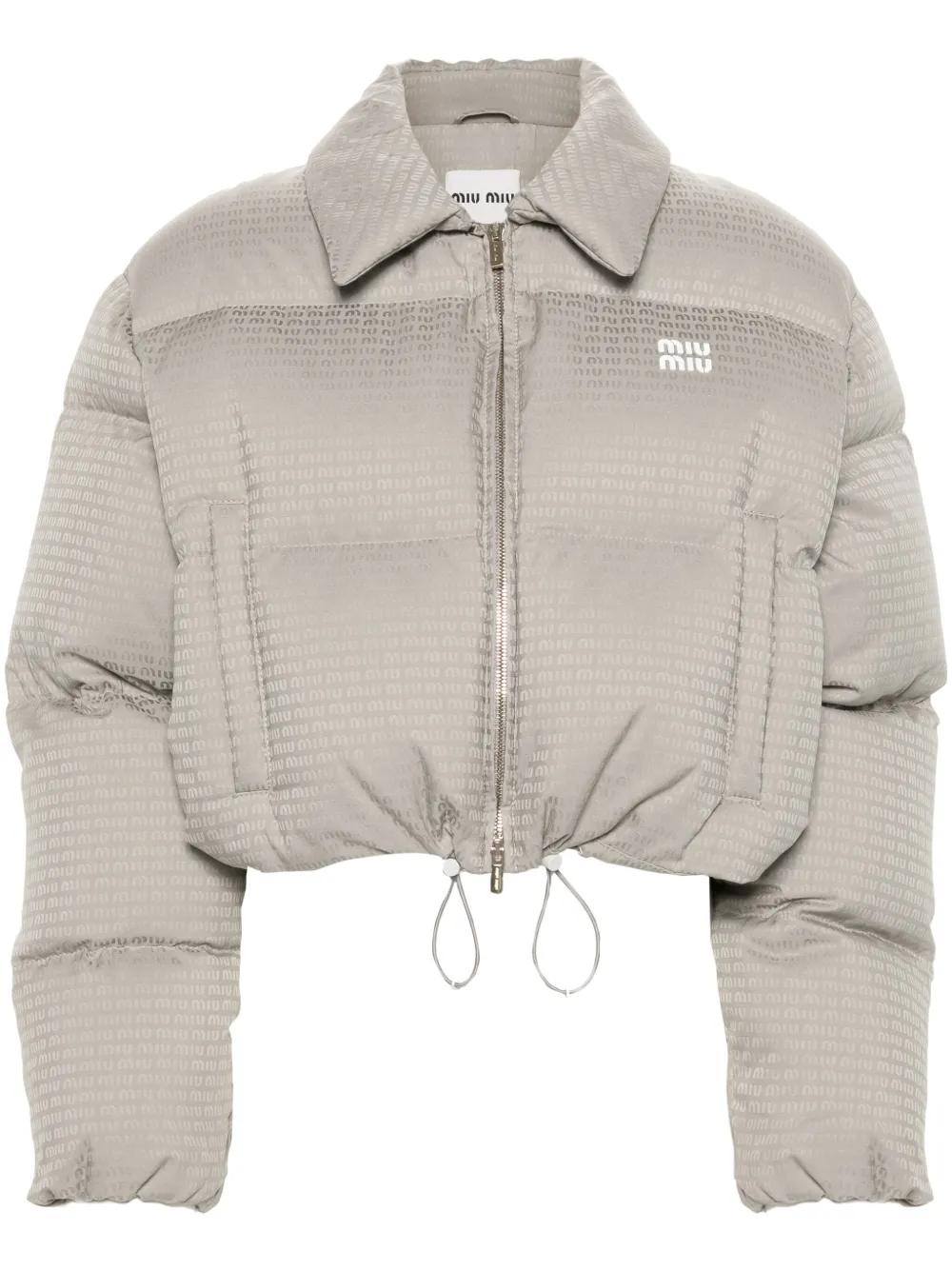 Miu Miu Logo-Jacquard Puffer Jacket in Gray | Lyst