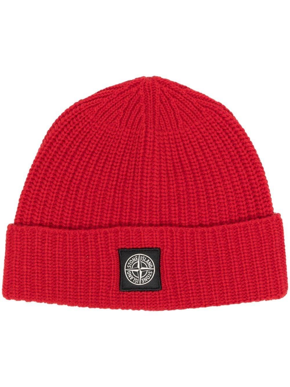 Stone Island Logo Patch Ribbed Beanie Hat in Red for Men | Lyst
