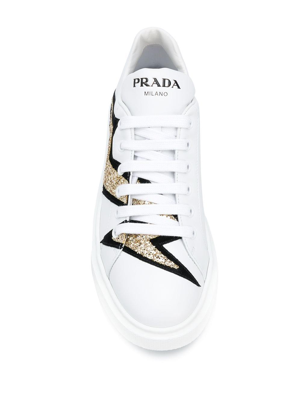 Prada Leather Lightning Bolt Low-top Sneakers in White | Lyst