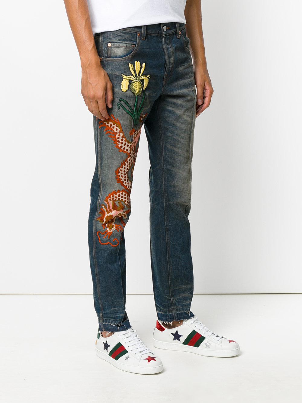 Gucci Denim Embellished Stone-washed Jeans in Blue for Men - Lyst