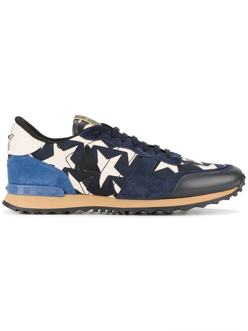 Valentino Leather Star-print Sneakers in Blue for Men - Lyst