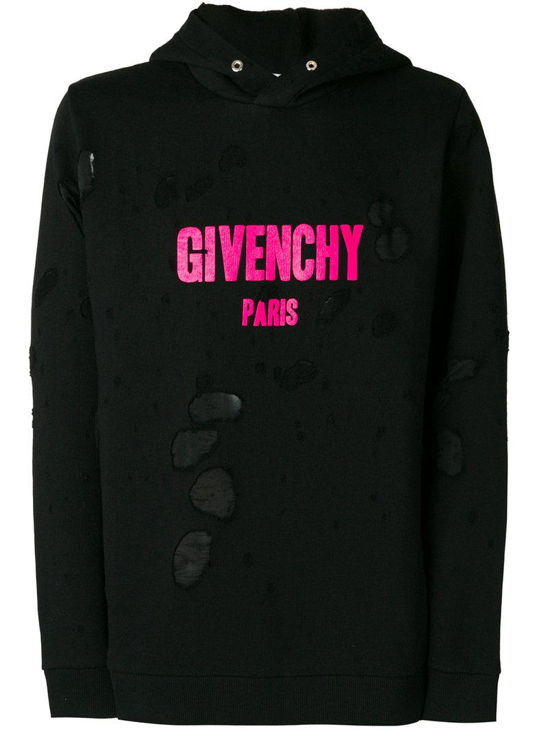 Givenchy Cotton Paris Distressed Hoodie in Black for Men - Lyst