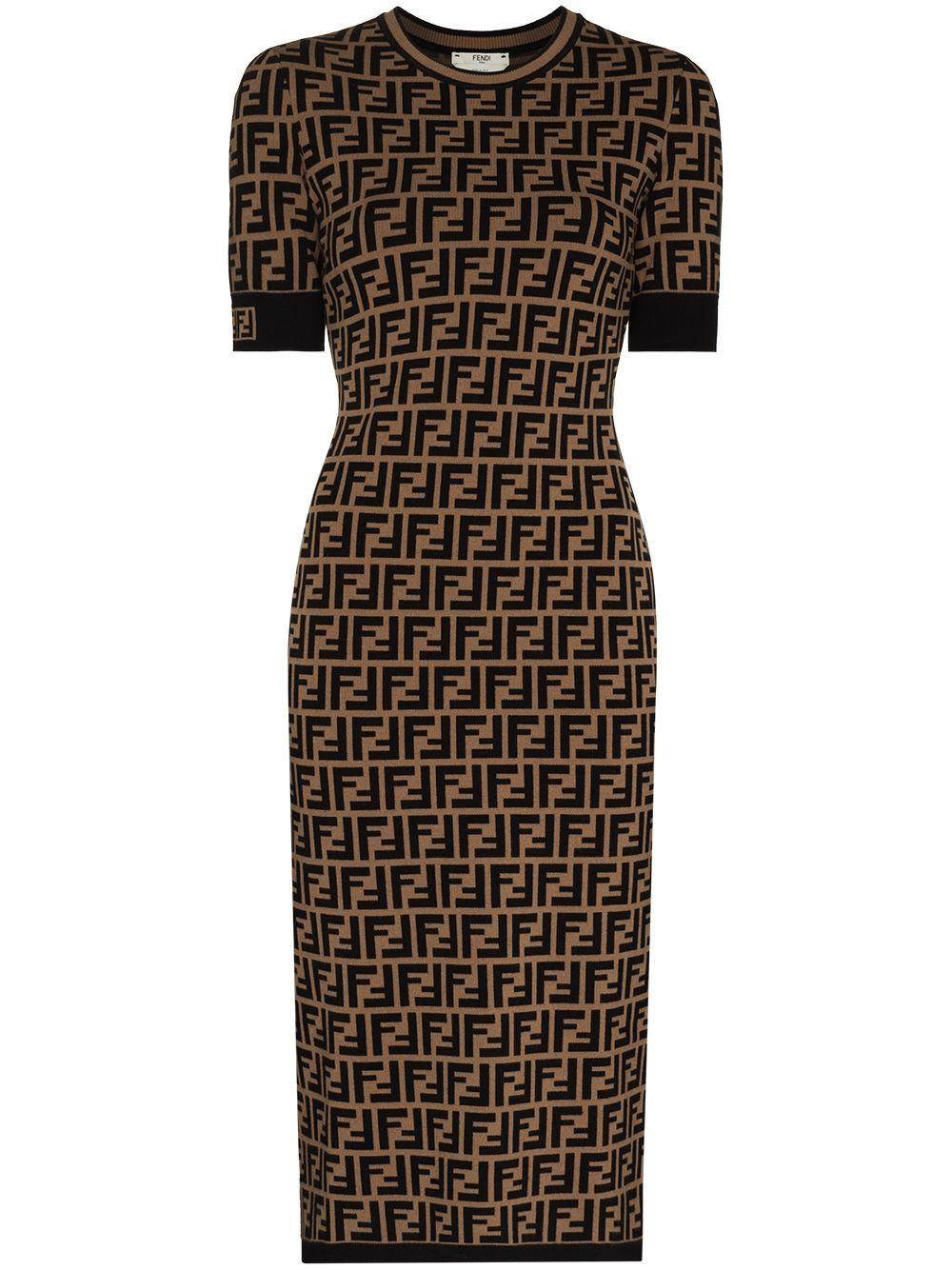 Fendi Ff Logo Print Fitted Dress in Brown