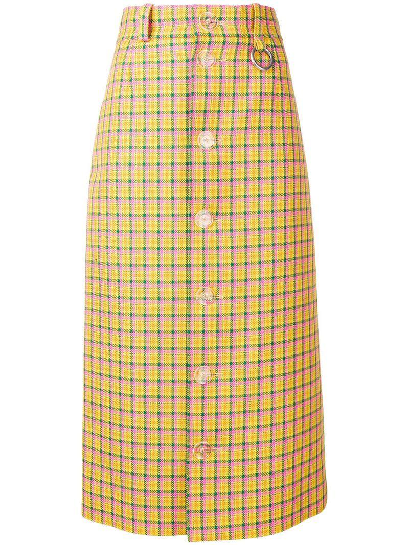 Balenciaga Plaid Wool Midi Pencil Skirt in Yellow | Lyst Australia