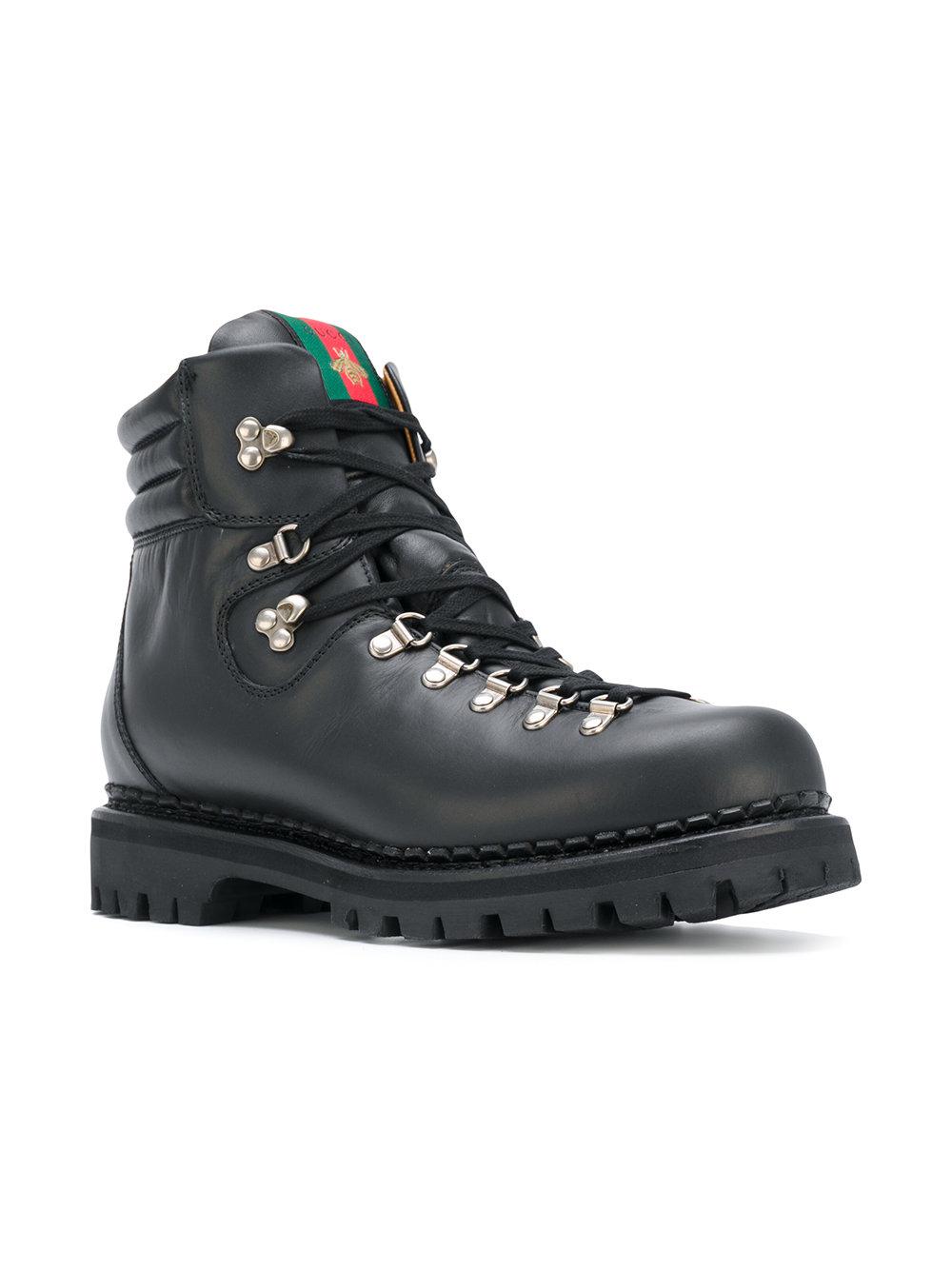 Gucci Leather Web Bee Hiking Boots in Black for Men - Lyst